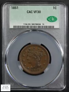 1851 Braided Hair Copper Large Cent 1C CACG VF 30 CAC - Picture 1 of 5