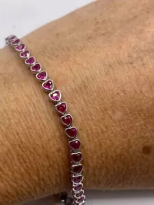 Tennis Bracelet 6.50Ct Created Heart Red Ruby Gift 14K White Gold Finish Women's - Picture 1 of 4