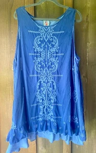 JOHNNY WAS BLUE EMBROIDERED EYELET SLEEVELESS A LINE DRESS/TUNIC ~ 2X - Picture 1 of 15