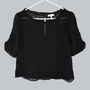 JOIE Fanny B Black Eyelet Puff Sleeve Silk Top Size Small - Picture 1 of 9
