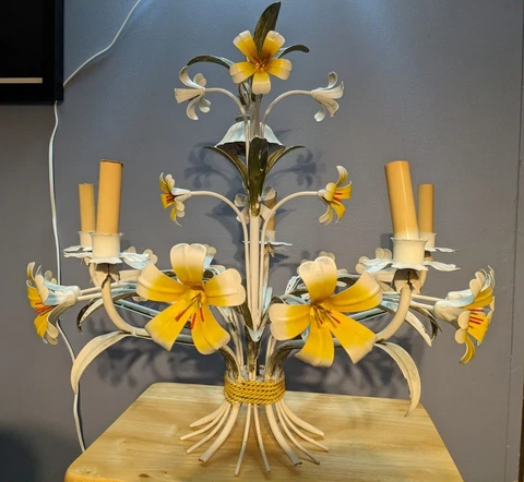 Vintage 5 Light Italian Tole Chandelier with Yellow Flower Details Floral Cover