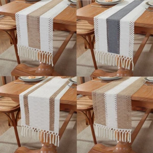 Macrame Cotton Linen Woven Table Runner Mats with Tassels Farmhouse Boho Decor - Picture 1 of 48
