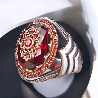 Ruby Oval Cut With 925 Sterling Silver Gold Plated Ring For Men's #E368 - Image 1 of 4