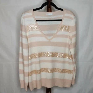 New York & Company women's L sweater multi stripe v-neck long sleeves sequins - Picture 1 of 6