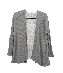 Women's Petite MED Open Front Gray Knit Cardigan with Lace Back Cottagecore Boho - Picture 1 of 17