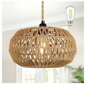 NEW Farmhouse LED Rattan Pendant Chandelier Light Fixture, Rustic, Wicker, Boho - Picture 1 of 10