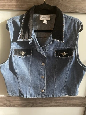 Stonebridge Vtg 90’s Vest Sz XL denim Jean VEST Top Velvet collar METAL ANGELS - Image 1 of 4