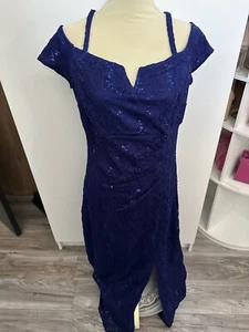 NWT Candalite L Women’s Dress Blue Lace Lined Cold Shoulder Prom Pageant Gown - Picture 1 of 7