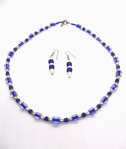 Hand Blown Seattle Cube Beads Clear- Cobalt Blue & Pearl Necklace &Hook Earrings - Picture 1 of 4