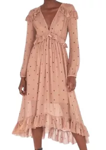 Farm Rio Midi Ruffle Dress Size L Dots Brown V Neck Boho Sheer Whimsygoth Fairy - Picture 1 of 16