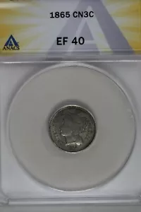 1865 .03 ANACS EF 40 Three Cent Nickel, Liberty Three Cent Piece - Picture 1 of 2