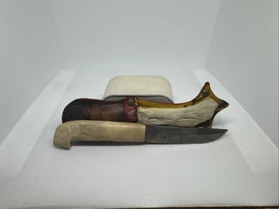 Vintage Finnish Puukko Nordic Reindeer Antler Handle Sami Knife & Fur Sheath - Image 1 of 4