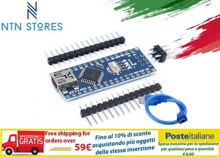 Atmega328p Nano V3.0  CH340G - Arduino compatibile + cavo usb 28cm|non saldato - Immagine 1 di 1