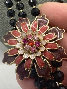 Merona Faceted Graduated Black BEADED Enamel RHINESTONE FLOWER PENDANT NECKLACE - Picture 1 of 10
