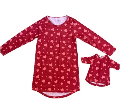 Leveret Kid & Doll Girls Size 10 Matching Pajama Dress Set Red Hearts Pajamas - Image 1 of 4