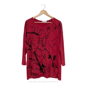 Jess Jane Tunic Top Tee L Red Artsy Flowy Lagenlook Pocket Abstract Maximalist - Picture 1 of 9