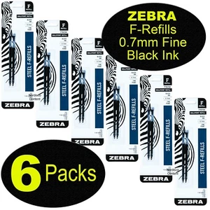 6 Packs 85512, Zebra F-Refills For F-301 Series, F-402, F-701, 0.7mm Black Ink - Picture 1 of 2