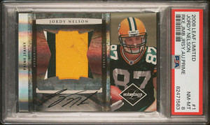 #1 JORDY NELSON 2008 Leaf Limited 4/5 Rookie Jumbo Prime AUTO Jersey PSA 8 Pop 1