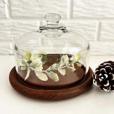 Vintage Glass Dome Cloche Cheese Tray Teak Good Wood Board - Image 1 of 4