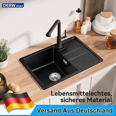 DERW MAX Granit Küchenspüle Spülbecken 65 x 45 cm Küche Einbauspüle Waschbecken Schwarz