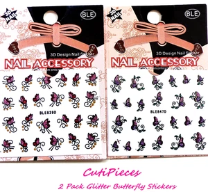 3D Nail Art 2 Packs Glitter Pink Purple Red Gold Butterfly Stickers Decals 3947 - Picture 1 of 3