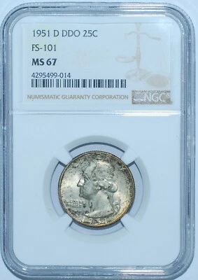 1951 D NGC MS67 FS-101 DDO Doubled Die Obverse Washington Silver Quarter - Image 1 of 4