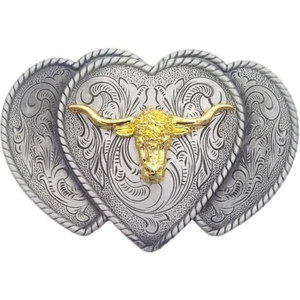 Hebilla de cinturón de metal plateado dorado cuerno largo toro diseño en forma de corazón - Imagen 1 de 2