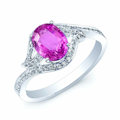 14k Oro Blanco Natural Ovalado Zafiro Rosa Diamante Cóctel Floral Anillo Talla 7 - Imagen 1 de 2