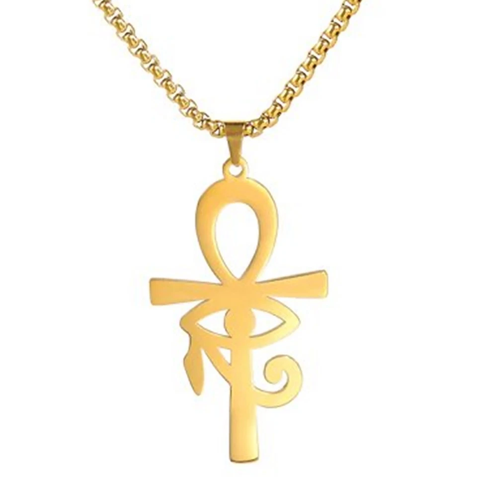 Egyptian Ankh Necklace Gold Stainless Steel Eye of Ra Aunk Amulet & Chain - Image 1 of 1