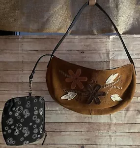 100 % Wildleder Boho Hobo Blatt braun Schultertasche Handtasche mit angenähter Geldbörse Y2K 90er - Bild 1 von 8