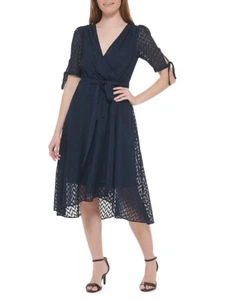 Tommy Hilfiger Faux Wrap Chevron-Pattern Chiffon Midi Dress size 4 $164 navy - Picture 1 of 8