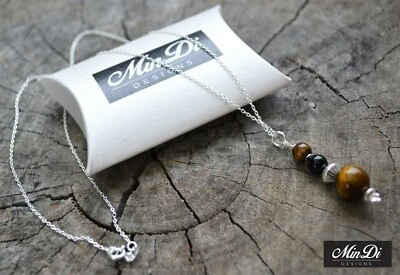 Collana / ciondolo in argento sterling con onice nera e occhio di tigre - Immagine 1 di 4