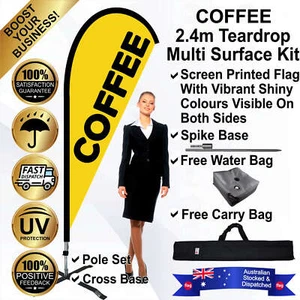 COFFEE Yellow 2.4m Teardrop Flag/Banner Kit Multi Surface *Promotional *Bowhead - Picture 1 of 12