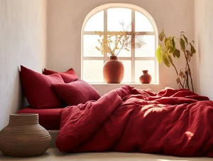 Maroon Cotton Duvet Cover Set King Queen Full Twin with Zipper & Pillowcases - Picture 1 of 6
