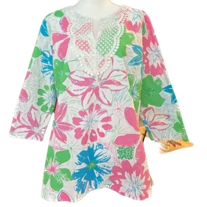 Talbots Boho Tunika Langarm Stickerei Spitze Damen XL rosa blau weiß grün - Bild 1 von 7