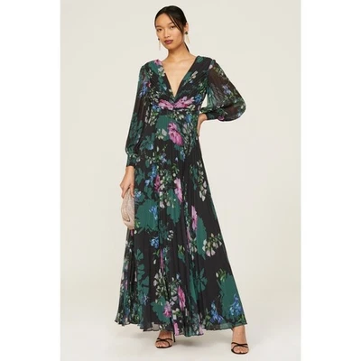 Badgley Mischka Black Floral Print Long Sleeve V-Neck Pleated Chiffon Gown 12 - Image 1 of 4