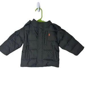 Polo Ralph Lauren Down Puffer Jacket Kids Boys 12M Black Removable Hood Parka - Picture 1 of 6