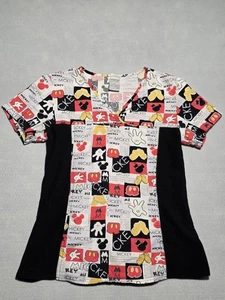 Disney Mickey Mouse Scrub Top V-Neck Print Women's XS Black/Red/Yellow Tunic - Picture 1 of 11
