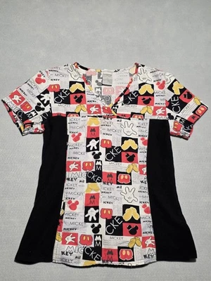 Disney Mickey Mouse Scrub Top V-Neck Print Women's XS Black/Red/Yellow Tunic - Image 1 of 4