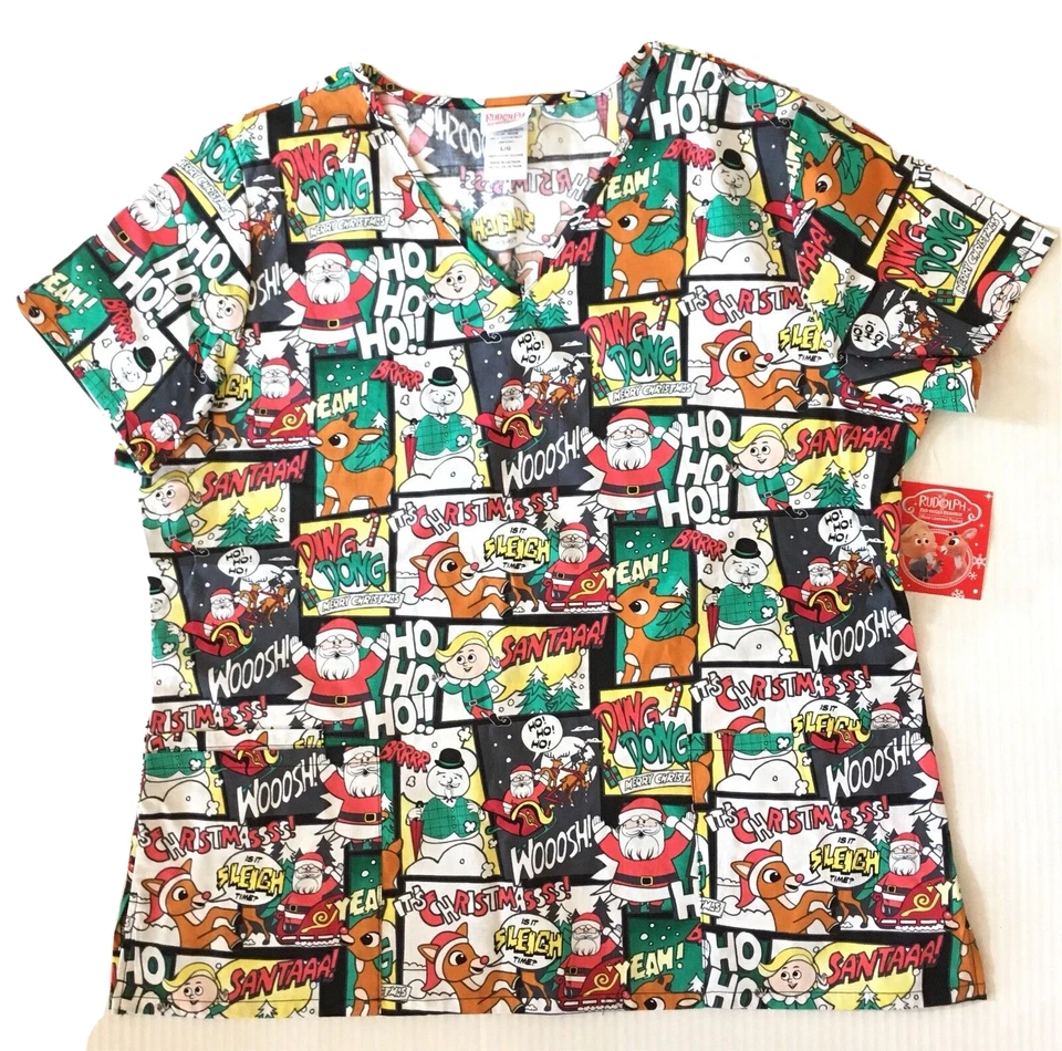 Women's Christmas Rudolph The Red Nosed Reindeer Scrub Top Size Large