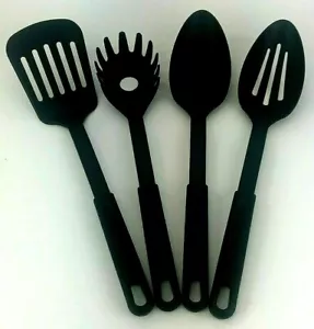 4 Pc Black Kitchen Utensil Set Spatula Spaghetti Fork Slotted & Solid Spoons - Picture 1 of 7
