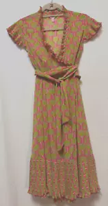 Lilly Pulitzer Kleid grün rosa Wickel Rüschen Größe 4 Gürtel Polyester gefüttert - Bild 1 von 18