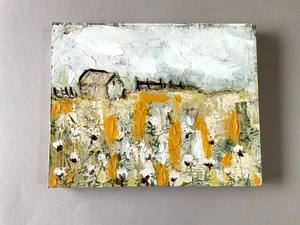 Ein schönes Haus mit Zaun und Blumen auf dem Feld Gemälde 11" Höhe x 14" Breite - Bild 1 von 3