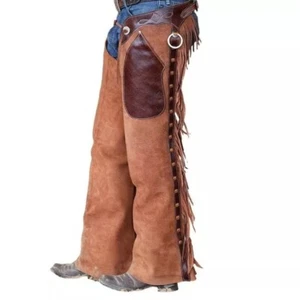 Leather Chinks Chaps Hand Made Western Suede Rodeo Chap Horse Riding Fringe Pant - Picture 1 of 2