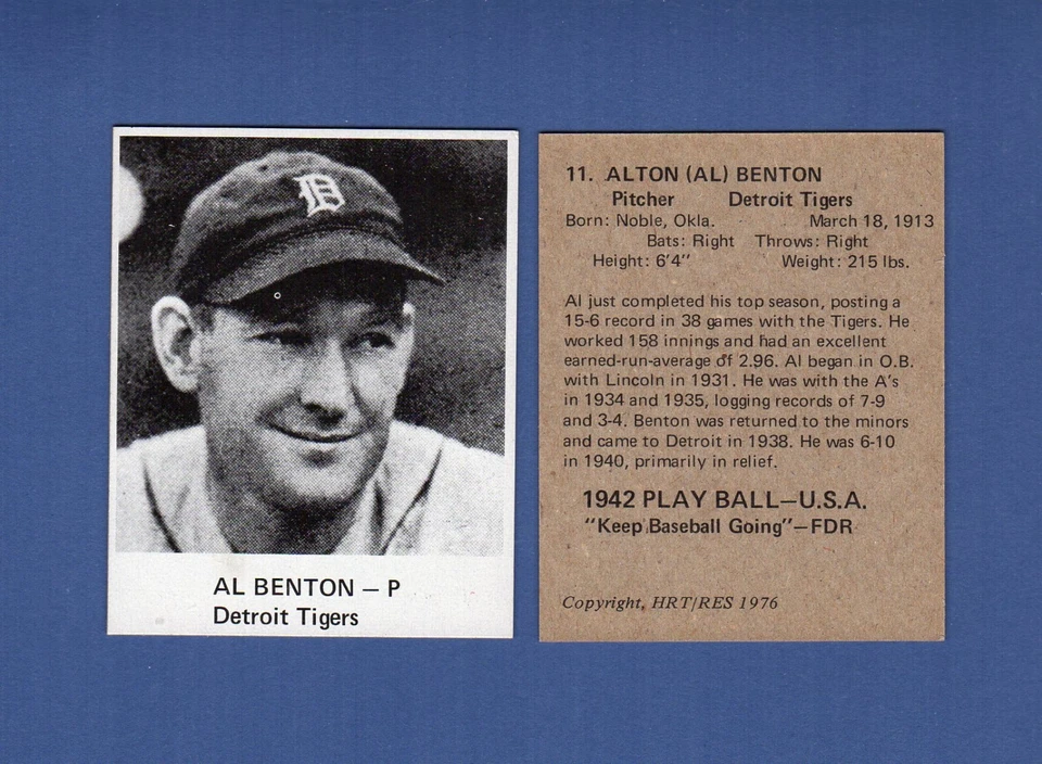#11 AL BENTON, Tigres ~ 1942 Play Ball-USA ~ 1976 HRT/RES conmemorativo casi nuevo Foto 1 de 1