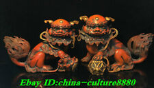 Old China Dynasty Bronze Gilt Fengshui Foo Fu Dog Guardion Lion Leo Statue Pair