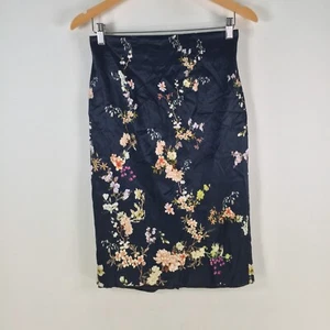 Cue skirt womens 10 pencil navy blue floral high waist knee length zip 105576 - Picture 1 of 11