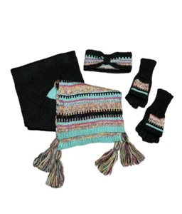 Set of 3 Winter Knit Girls Scarf, Gloves, Headband Black/ Blue/ Red Glitter - Picture 1 of 6