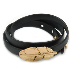 Black Leather Feather Wrap Bracelet (Gold Tone) - Adjustable - One size fits all