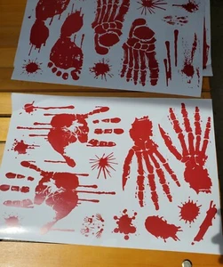 8 Lifelike Size Sheets of Bloody Handprint Words Decal Window Clings Halloween - Bild 1 von 8